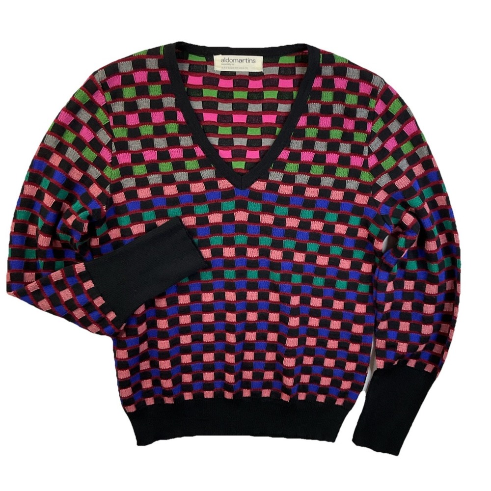Aldomartins‎ Anthropologie Sweater V-Neck Pullover Check Multicolor Women Sz M